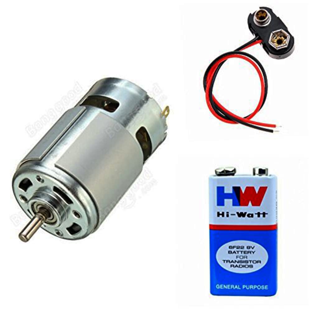 Hanumex® 12V Dc Motor Multipurpose Battery Brushed Motor With 1 Piece 9 X  Hw Battery 6F22 9V Long Life Carbon Zinc Battery And 1 Piece Snap Connector  For Making Small School Projects. :