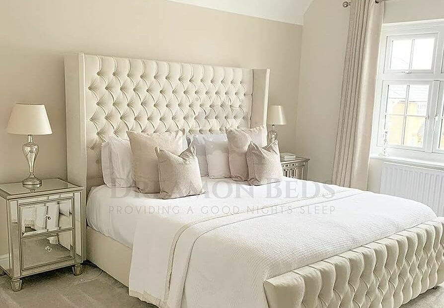 Wingback Bed Frame Double King Size Super (Cream Plush, 5Ft Size) :  Amazon.Co.Uk: Home & Kitchen