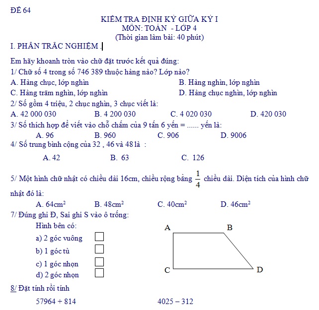 50 Đề Kiểm Tra Giữa Kì Môn Toán Lớp 4 - File Word