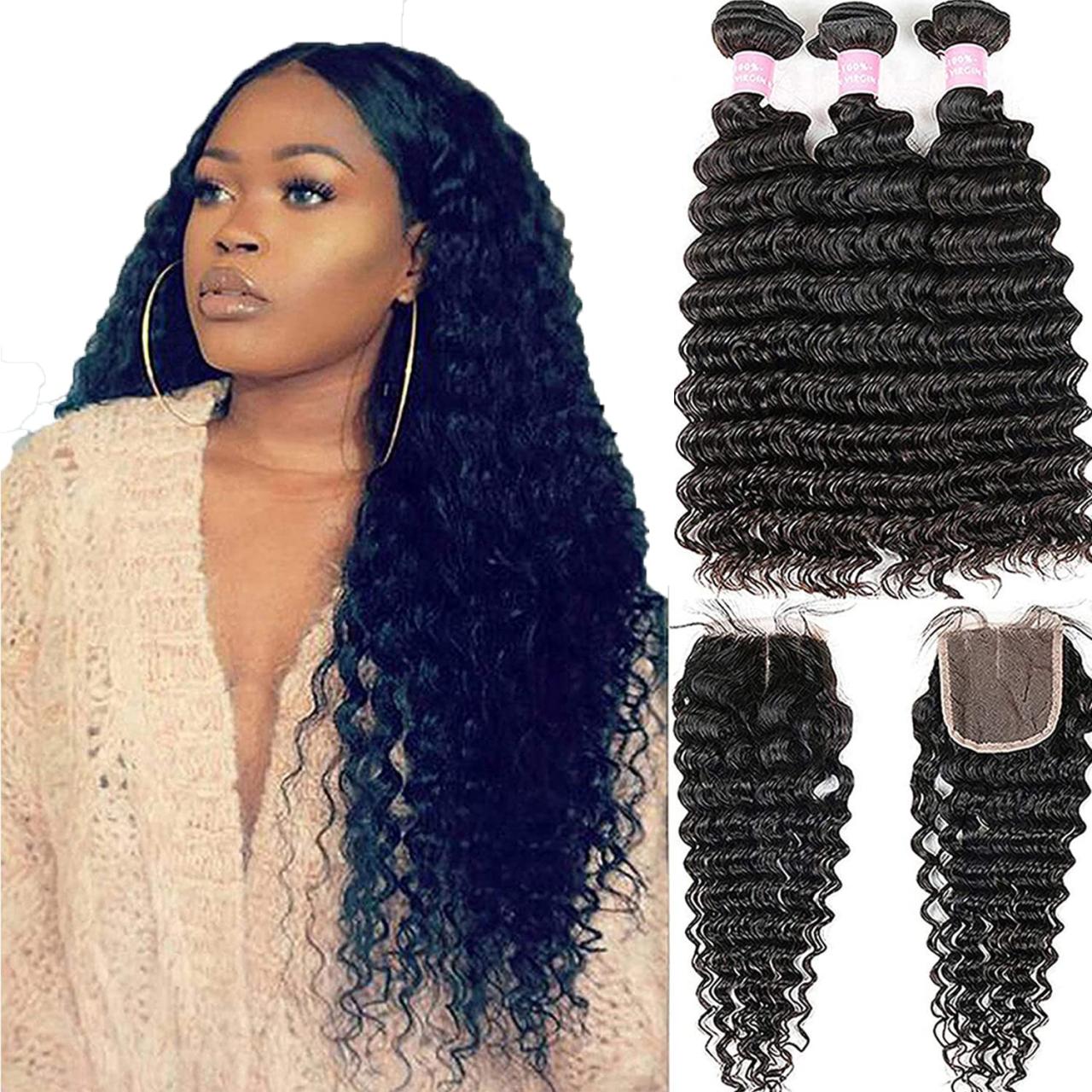 Amazon.Com : Brazilian Deep Wave Bundles With Closure Virgin Human Hair  Bundles With Closure 4×4 Lace Mixed Length Hair Bundles Natural Color For  Black Women 100% Unprocessed Miss Gaga (16 18 20+14) : Beauty & Personal  Care