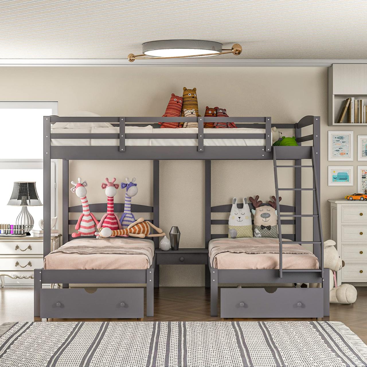 Amazon.Com: Triple Bunk Bed Full Over 2 Twin Bunk Bed With 3 Drawers And  Guardrails, Bunk Bed For Family, Teens, No Box Spring Needed : Home &  Kitchen