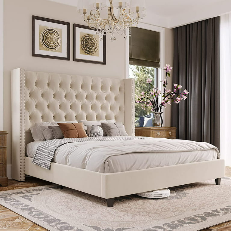 Jocisland King Bed Frame Upholstered Bed Wingback Headboard Velvet Tufted  Deep Button/No Box Spring Needed/Easy Assembly/Cream - Walmart.Com