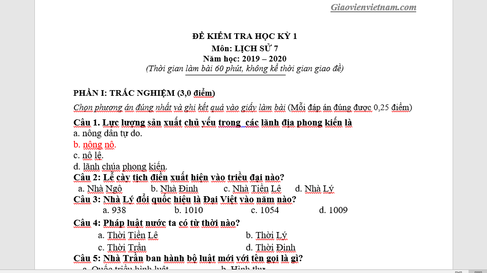 Đề Thi Học Kì 1 Lớp 7 Môn Lịch Sử Có Đáp Án - Giáo Viên Việt Nam