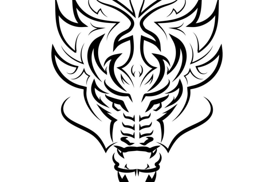 Black And White Line Art Dragon Head Good Use Vector Image