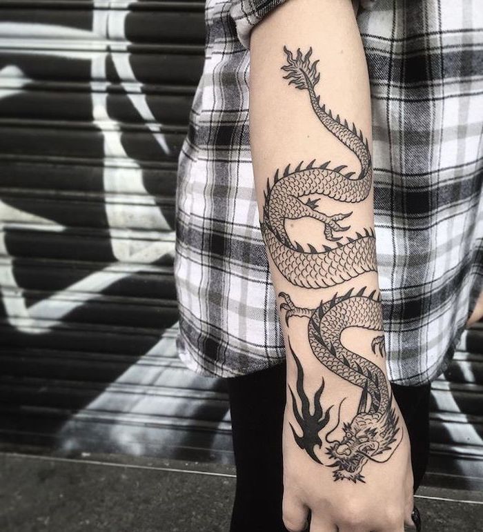 Forearm-Tattoo-Chinese-Dragon-Tattoo-Woman-Wearing-Black-White-Shirt-Black-Pants  | Dragon Tattoo Forearm, Chinese Dragon Tattoos, Dragon Tattoo